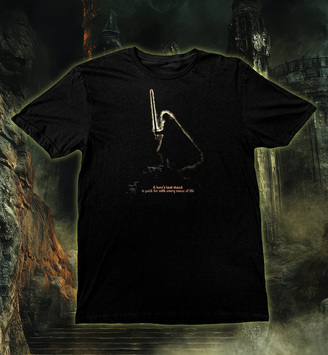 The Last Stand Hero T-Shirt featuring a medieval warrior with sword in a victorious battle pose.