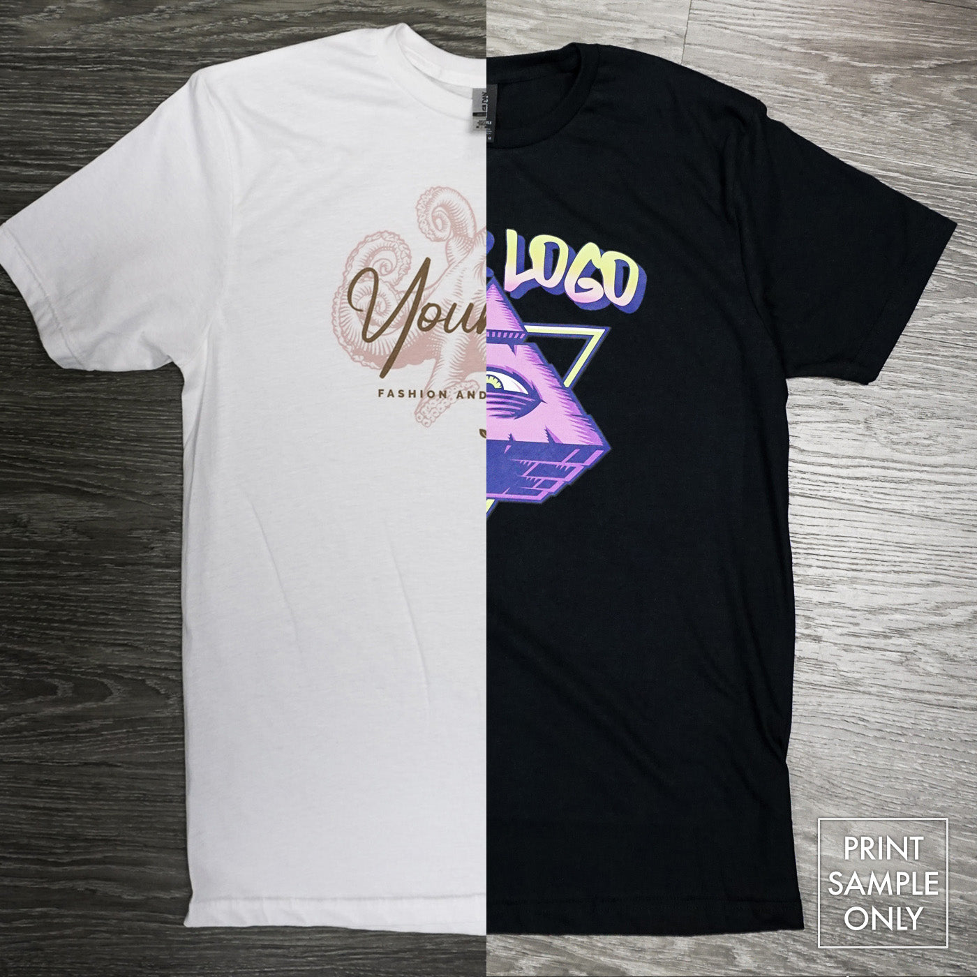 Men Unisex Softstyle 100% Cotton Tee in white and black with printed designs laid flat on wood background