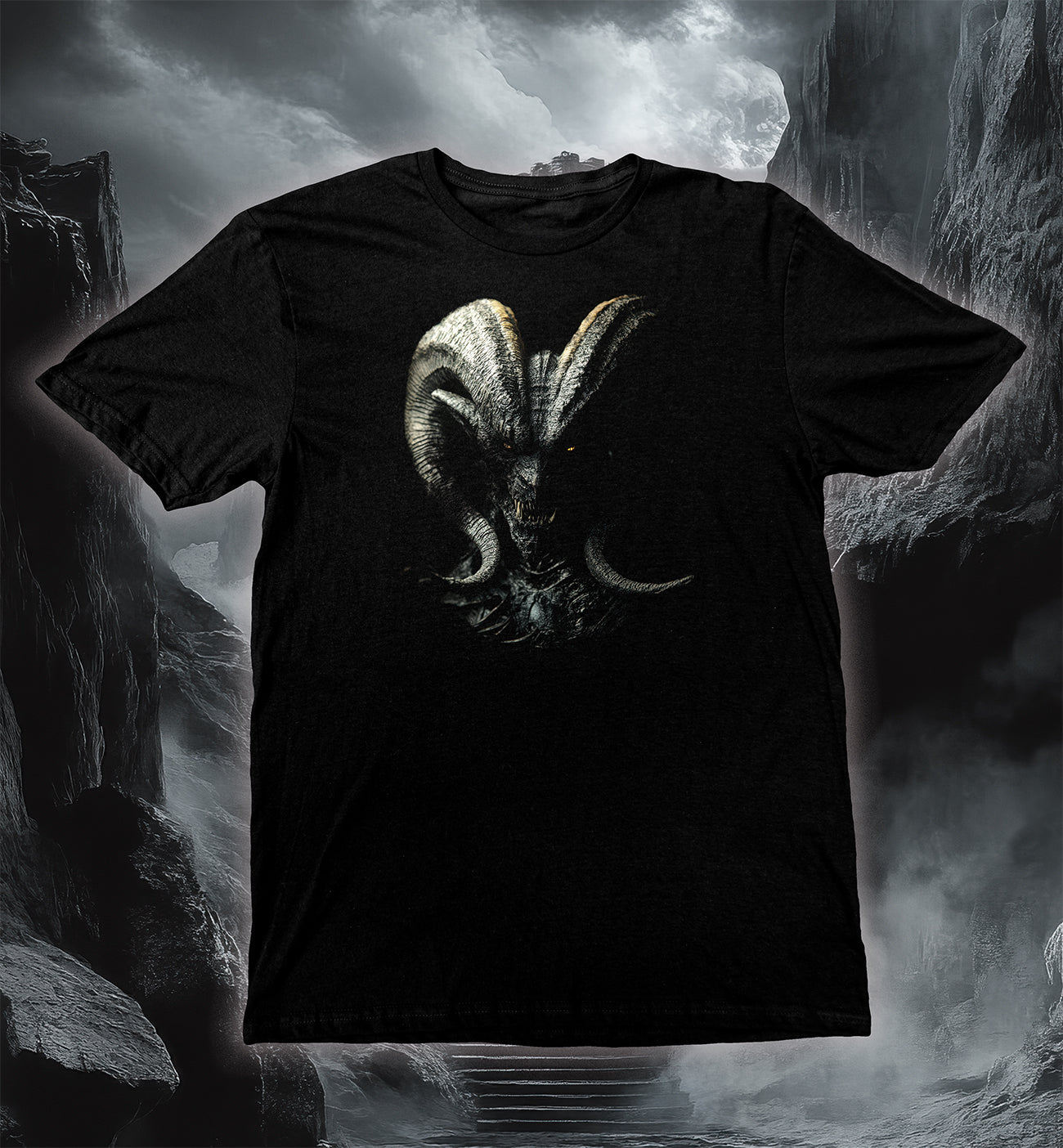 Demon Lord T-Shirt with detailed dark fantasy demon design featuring piercing eyes and curled horns on black fabric.