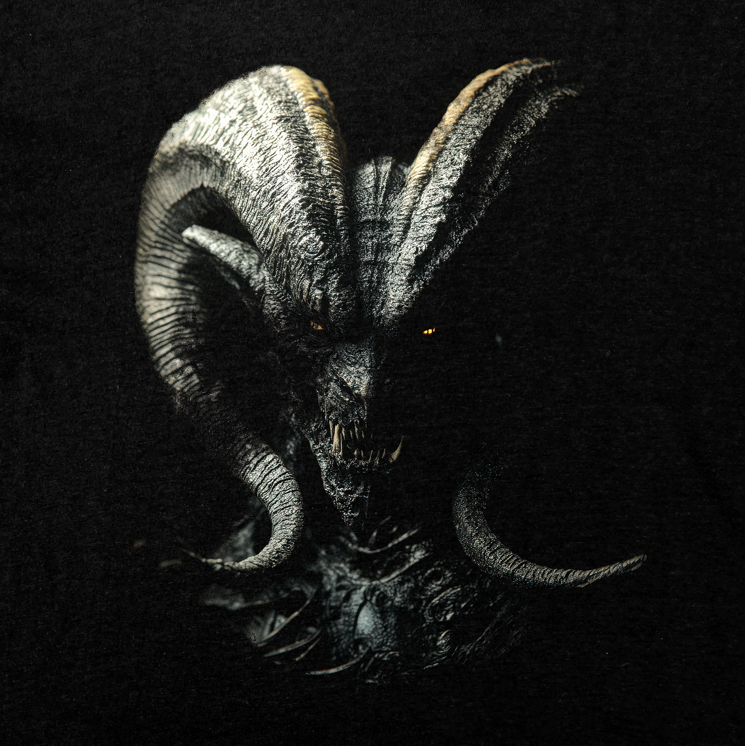 Demon Lord T-Shirt, Summon the Darkness featuring a fearsome demon with piercing eyes and large curled horns on black fabric.