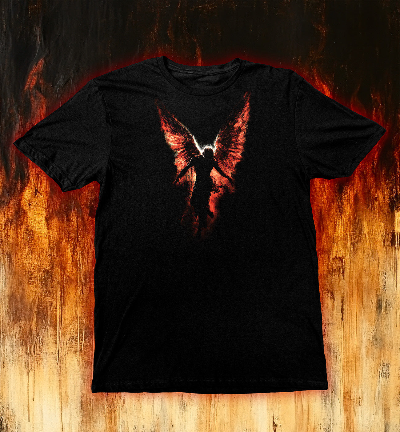 Fallen Angel T-Shirt featuring a fiery winged silhouette against black, blending dark and divine elements in style.
