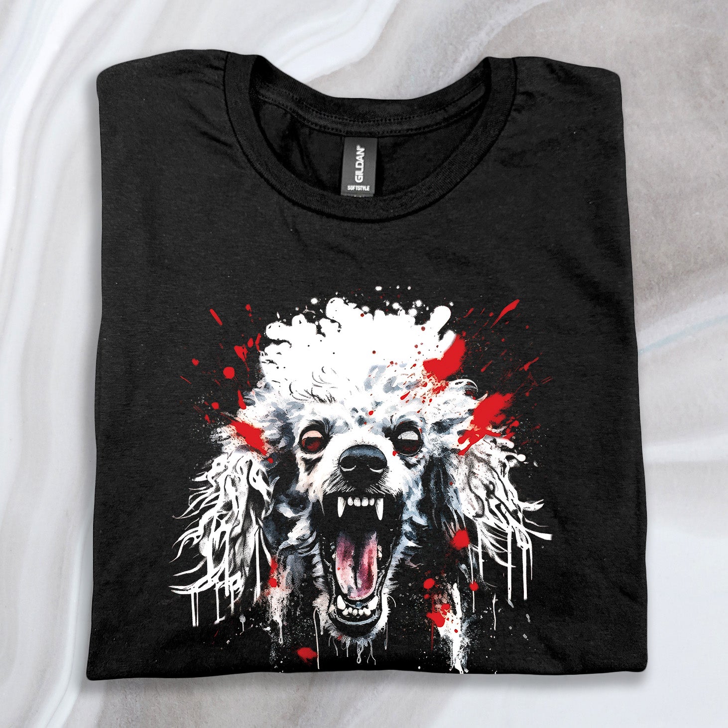 Black Spicy Poodle T-Shirt with fierce white poodle graphic and red paint splatters on soft fabric.