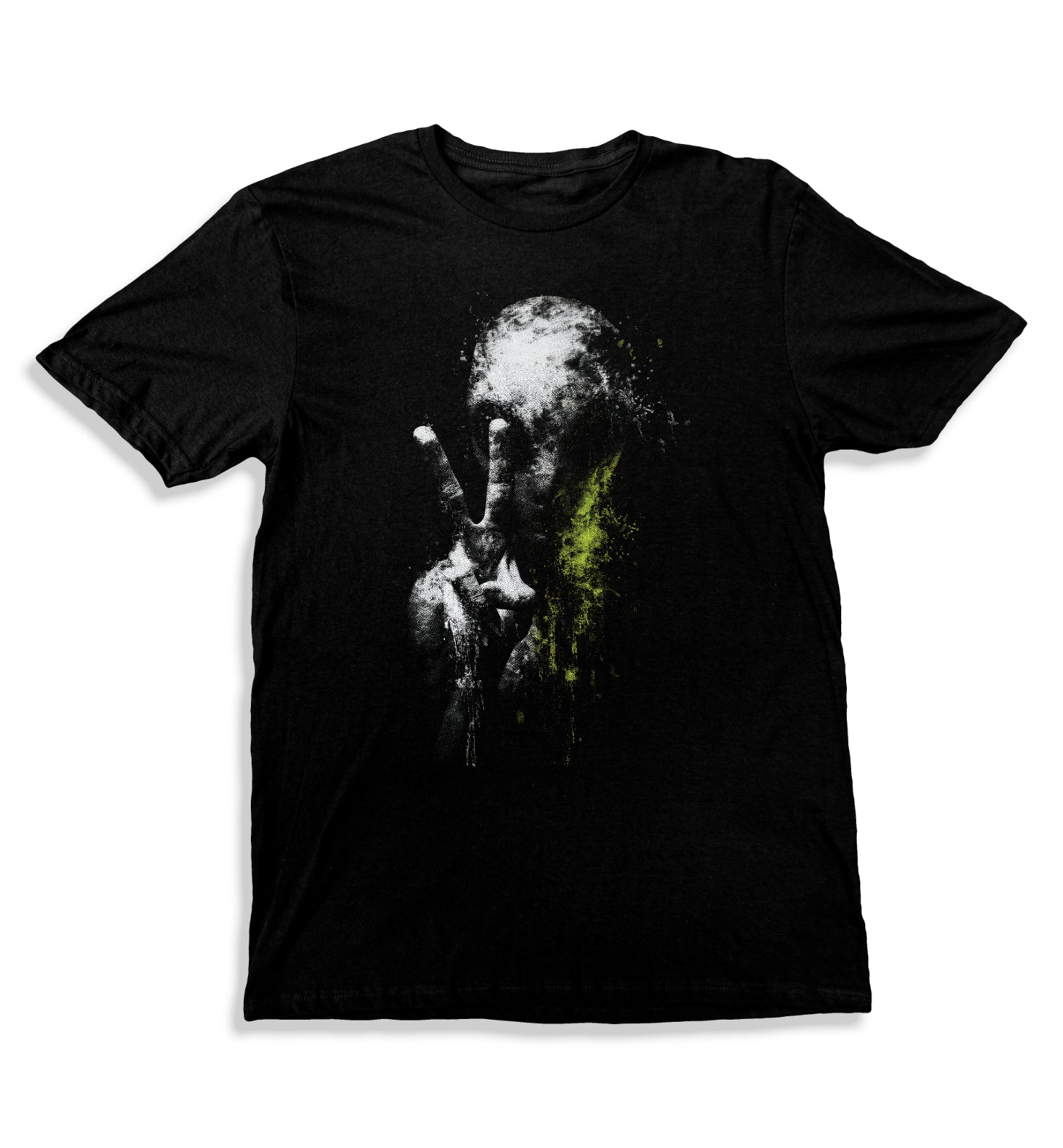 Alien Peace Sign T-Shirt featuring a grey alien flashing peace sign with green and white splatter on black tee.