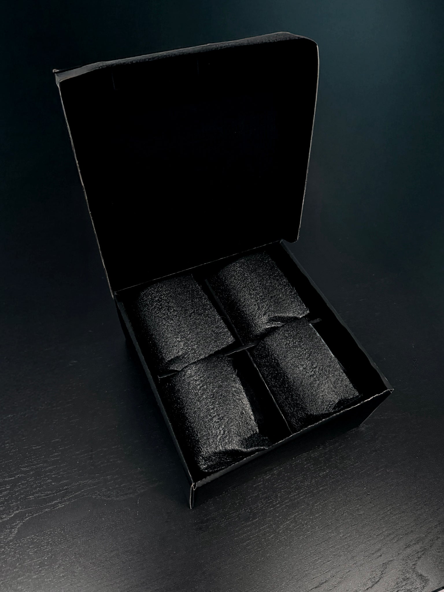 Minimalist Custom Engraved Whisky Glass 10oz set of four in black gift box with protective cushions.