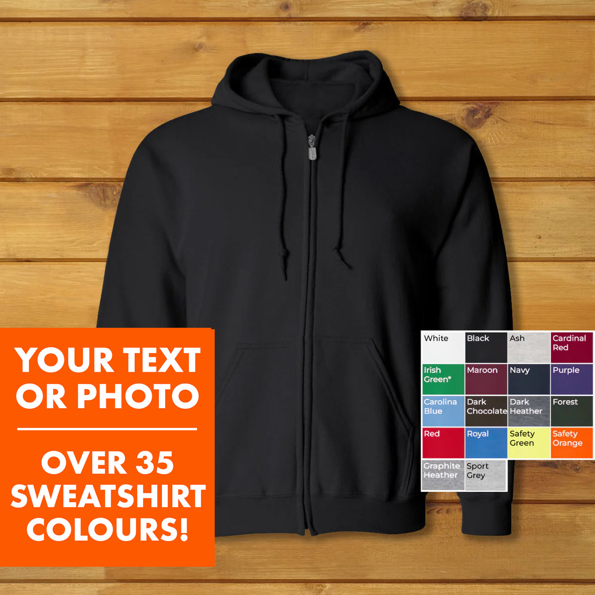 Full-Zip Hooded Sweatshirt Heavy Blend in black with full front zipper and pouch pocket, customizable in over 35 colors.