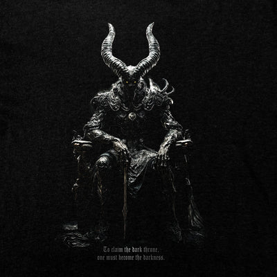 Dark Throne T-Shirt, Lord of the Underworld featuring a demonic ruler with glowing eyes seated on a dark throne.