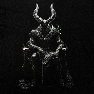 Dark Throne T-Shirt, Lord of the Underworld with demonic ruler and glowing eyes seated on a throne in dark fantasy style.