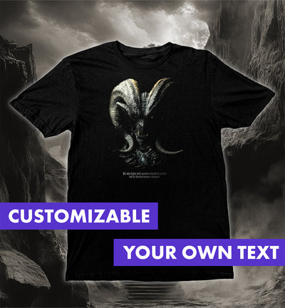 Demon Lord T-Shirt with dark fantasy demon design featuring piercing eyes and curled horns on black fabric.
