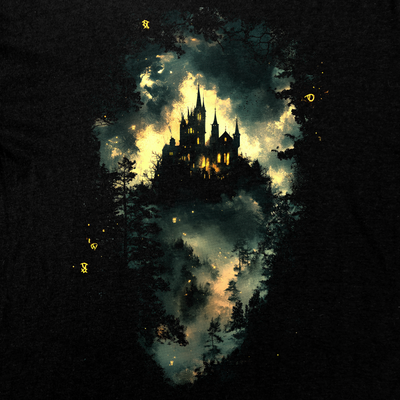 Enchanted Forest T-Shirt, Secrets of the Shadows, featuring a mysterious castle in a misty, moonlit ancient woodland.