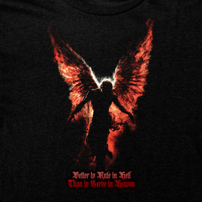 Fallen Angel T-Shirt, the Dark and Divine features fiery-winged silhouette with gothic text on black background.