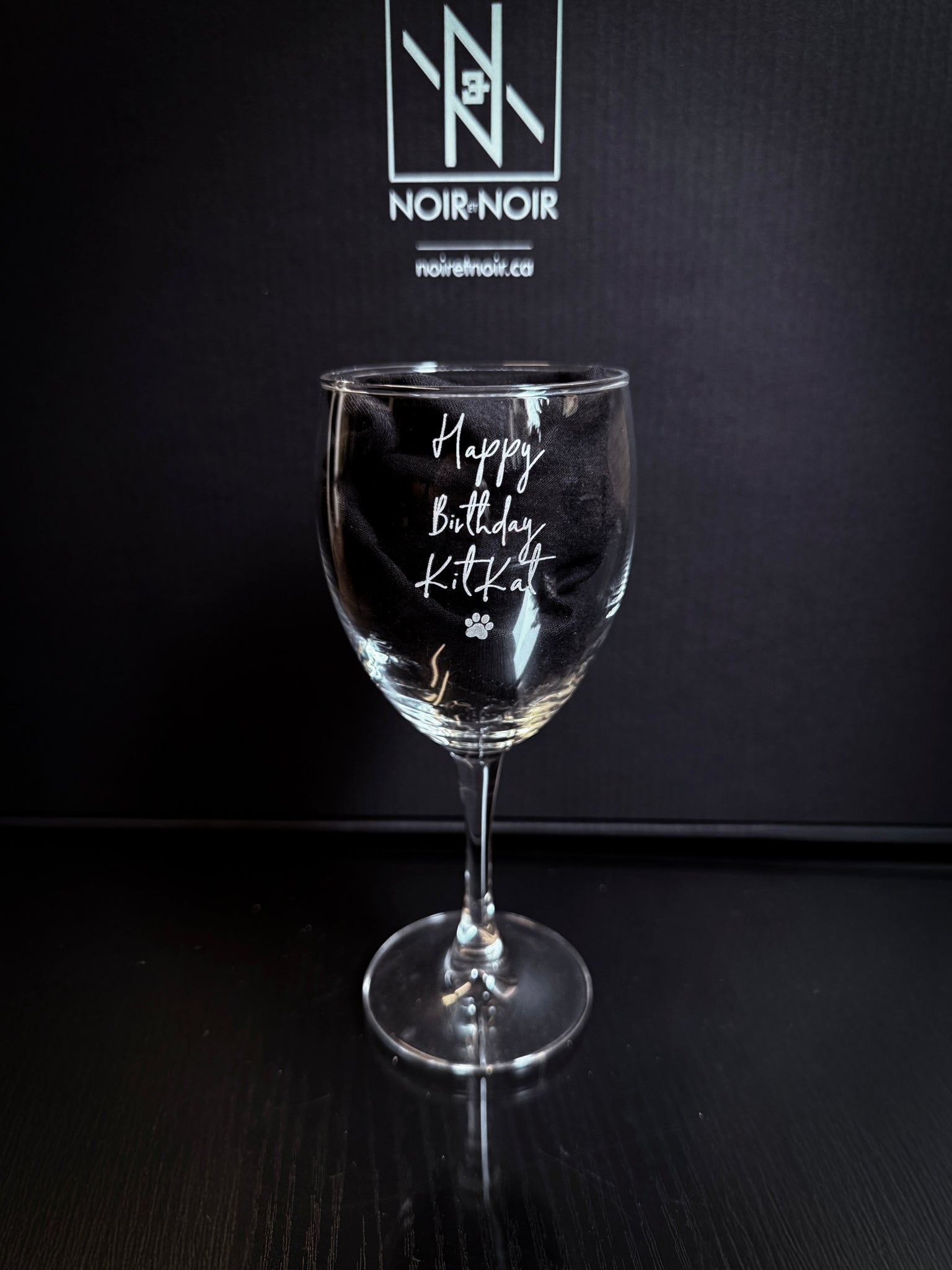 Custom Engraved Wine Glass – 11oz Tulip Design with personalized birthday message laser-etched on clear glass.