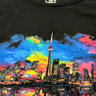Women's Fit Softstyle 100% Cotton Tee black with colorful city skyline graphic print close-up view