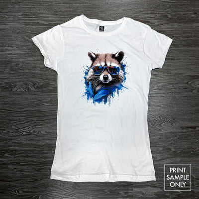 Women's Fit Softstyle 100% Cotton Tee white with raccoon wearing sunglasses graphic print on front