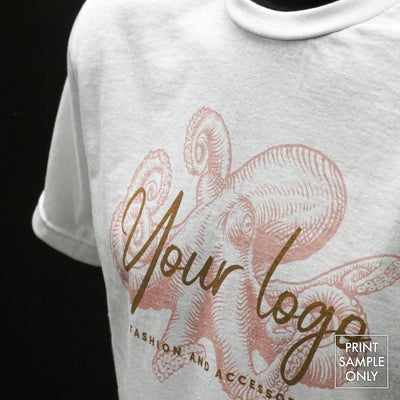 Men / Unisex Softstyle 100% Cotton Tee White with custom printed octopus logo design on front side close-up view