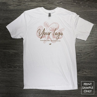 Men / Unisex Softstyle 100% Cotton Tee white crew neck short sleeve shirt with logo print flat on wooden floor