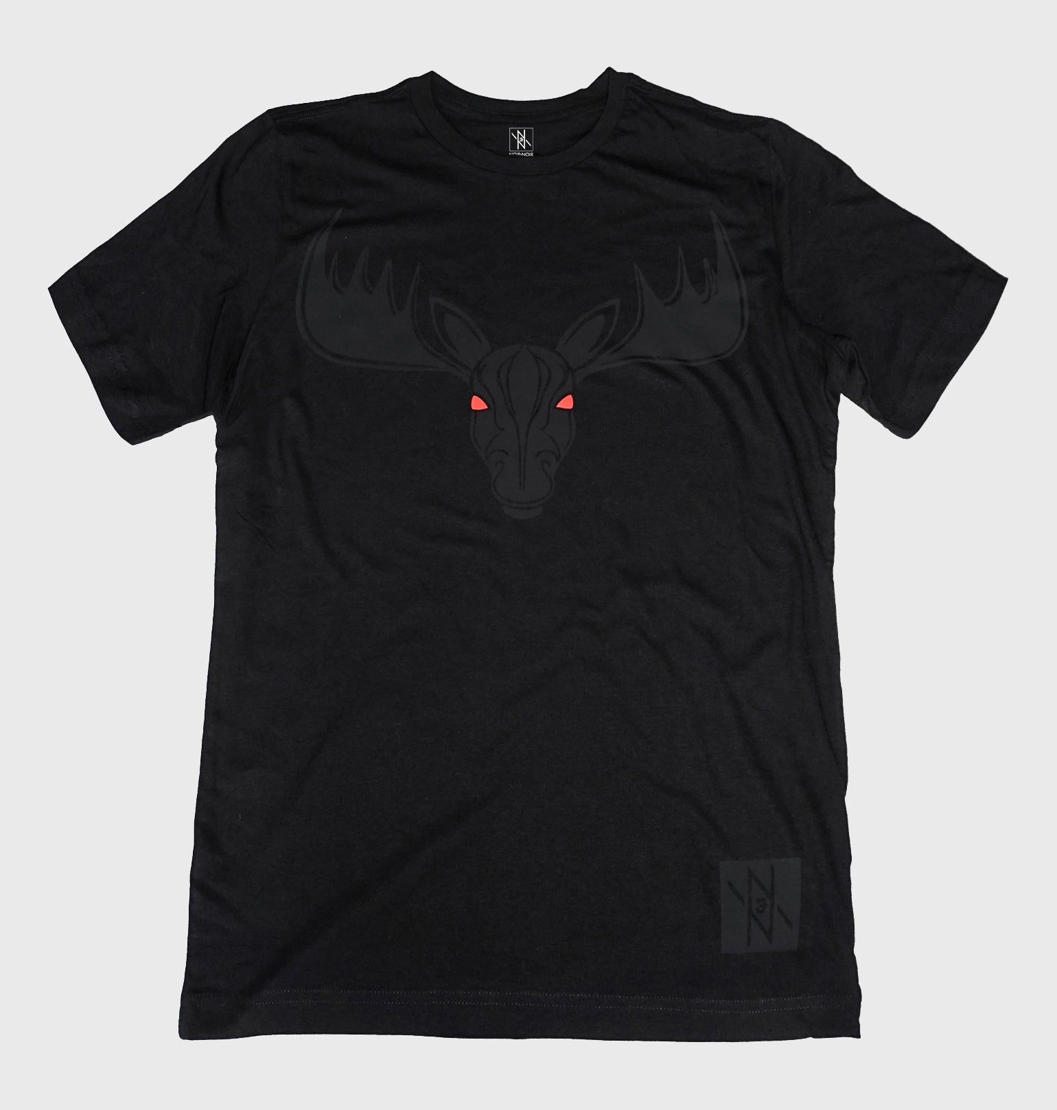 Front view of the Noir et Noir Moose unisex T-shirt, featuring a bold black-on-black moose design. Ideal for modern, stylish wear for all genders. Available now in the Design Collection