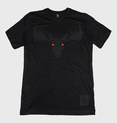 Front view of the Noir et Noir Moose unisex T-shirt, featuring a bold black-on-black moose design. Ideal for modern, stylish wear for all genders. Available now in the Design Collection