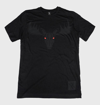 Front view of the Noir et Noir Moose unisex T-shirt, featuring a bold black-on-black moose design. Ideal for modern, stylish wear for all genders. Available now in the Design Collection