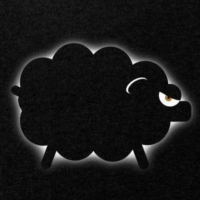 Shiny Black Sheep T-Shirt, daring black sheep graphic with bold stance symbolizing individuality and standing out.