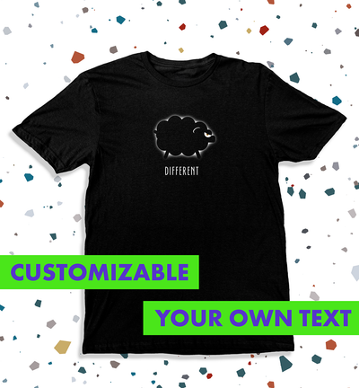 Shiny Black Sheep T-Shirt featuring a bold black sheep graphic and the word Different, symbolizing individuality.