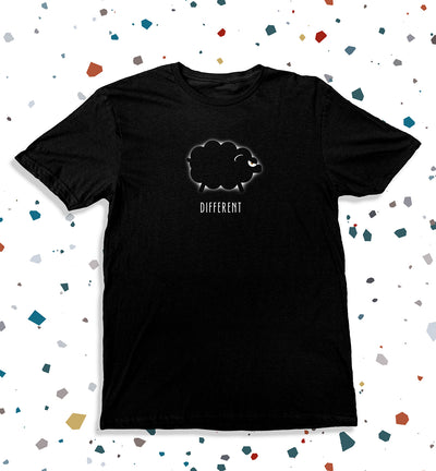 Shiny Black Sheep T-Shirt featuring a bold black sheep graphic with the word Different on a black fabric background.