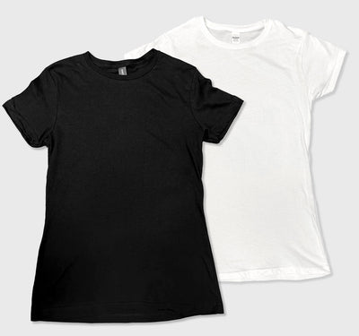 Women's Fit Softstyle 100% Cotton Tee in white and black, featuring crew neck and short sleeves.