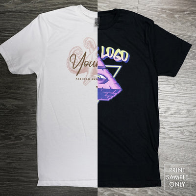 Men Unisex Softstyle 100% Cotton Tee in white and black with printed designs laid flat on wood background