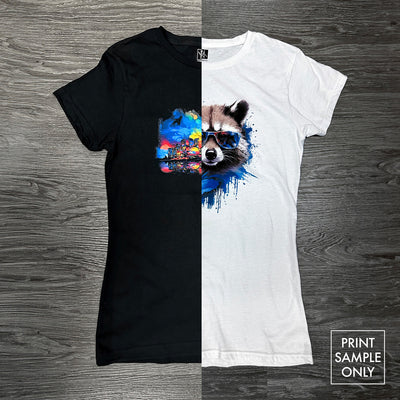 Women’s Fit Softstyle 100% Cotton Tee in white and black with graphic prints, crew neck, short sleeves, and fitted style.