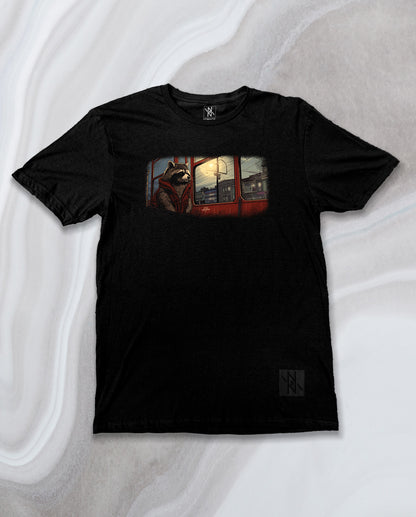 Front view of the Noir et Noir Commuter Coon T-shirt, showcasing its minimalist black design with a comfortable fit. Perfect for both casual and semi-formal occasions. Available now in the Toronto Collection.