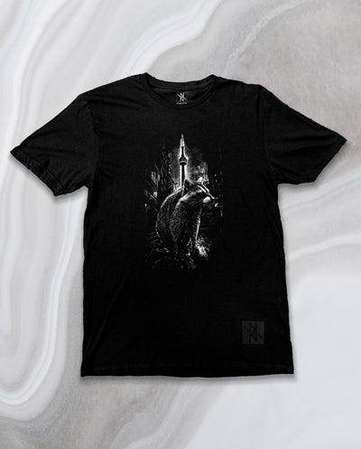 Front view of the Noir et Noir Toronto Urban Raccoon T-shirt, showcasing the unique black-on-black raccoon design. Perfect for urban fashion and raccoon enthusiasts. Available now in the Toronto Collection.