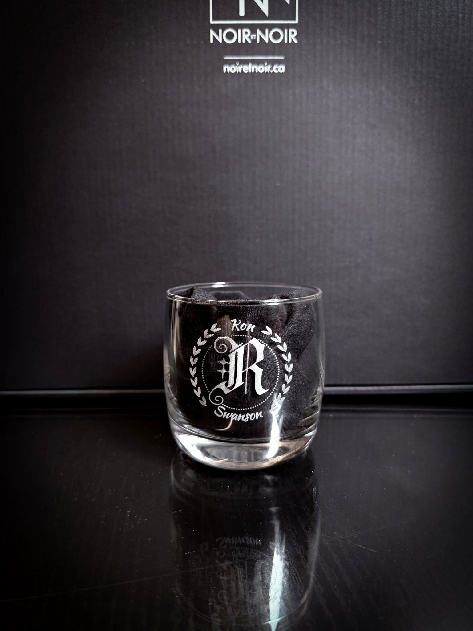 Minimalist Custom Engraved Whisky Glass 10oz with personalized laser-etched design on a clear lowball glass.