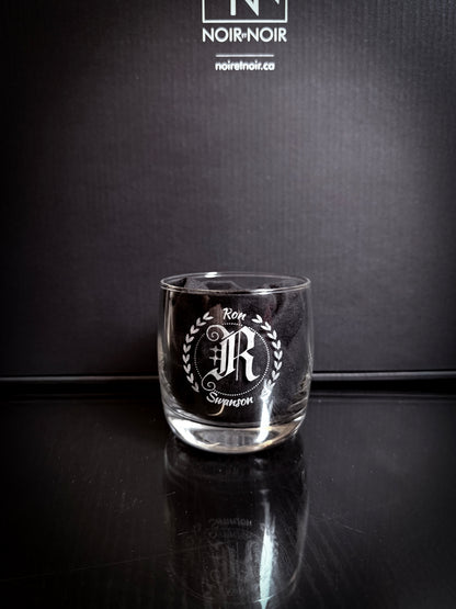 Minimalist Custom Engraved Whisky Glass 10oz with personalized laser-etched design on a clear lowball glass.