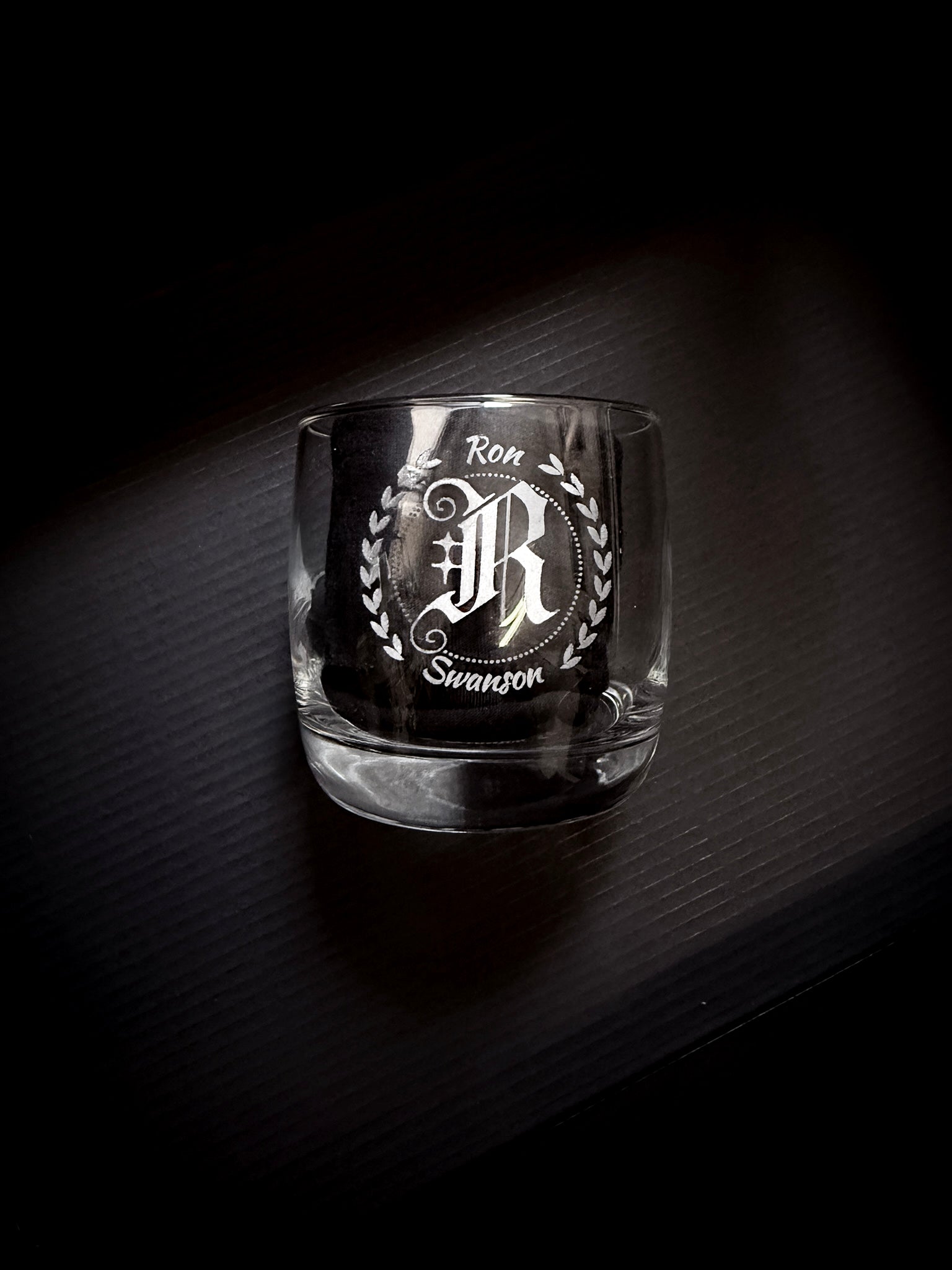 Minimalist Custom Engraved Whisky Glass 10oz with personalized laser-etched monogram and decorative wreath design.