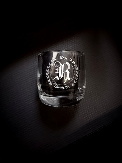 Minimalist Custom Engraved Whisky Glass 10oz with personalized laser-etched monogram and decorative wreath design.