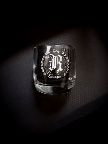 Minimalist Custom Engraved Whisky Glass 10oz with personalized laser-etched monogram and decorative wreath design.