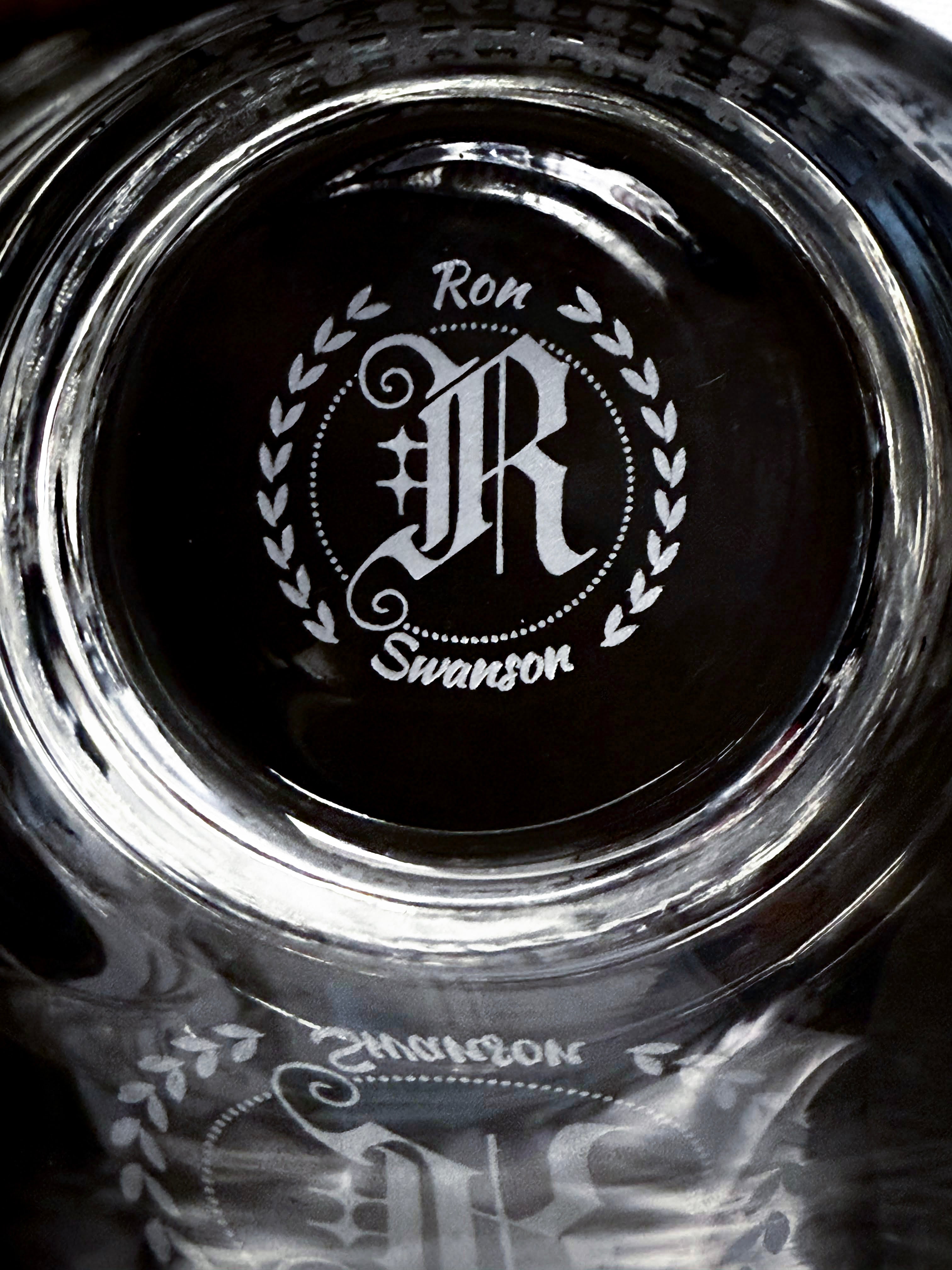 Minimalist Custom Engraved Whisky Glass 10oz with personalized laser-etched design on the bottom, clear crystal style.