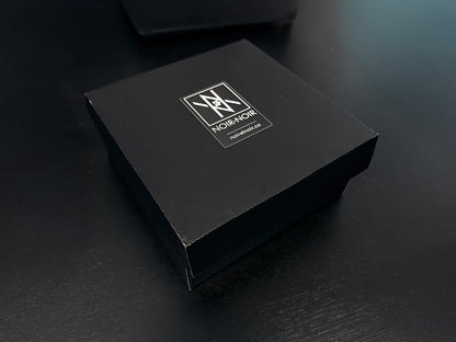 Minimalist Custom Engraved Whisky Glass 10oz shown with sleek black gift box on dark surface, Nordic-inspired design.