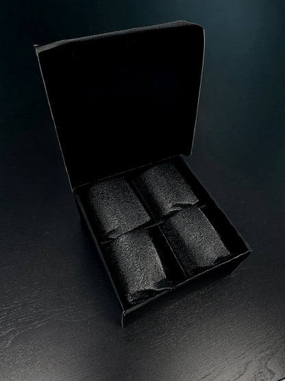 Minimalist Custom Engraved Whisky Glass 10oz set of four in black gift box with protective cushions.