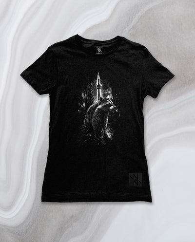 Front view of the Noir et Noir Toronto Urban Raccoon Women's T-shirt, showcasing the unique black-on-black raccoon design. Perfect for urban fashion and raccoon enthusiasts. Available now in the Toronto Collection.