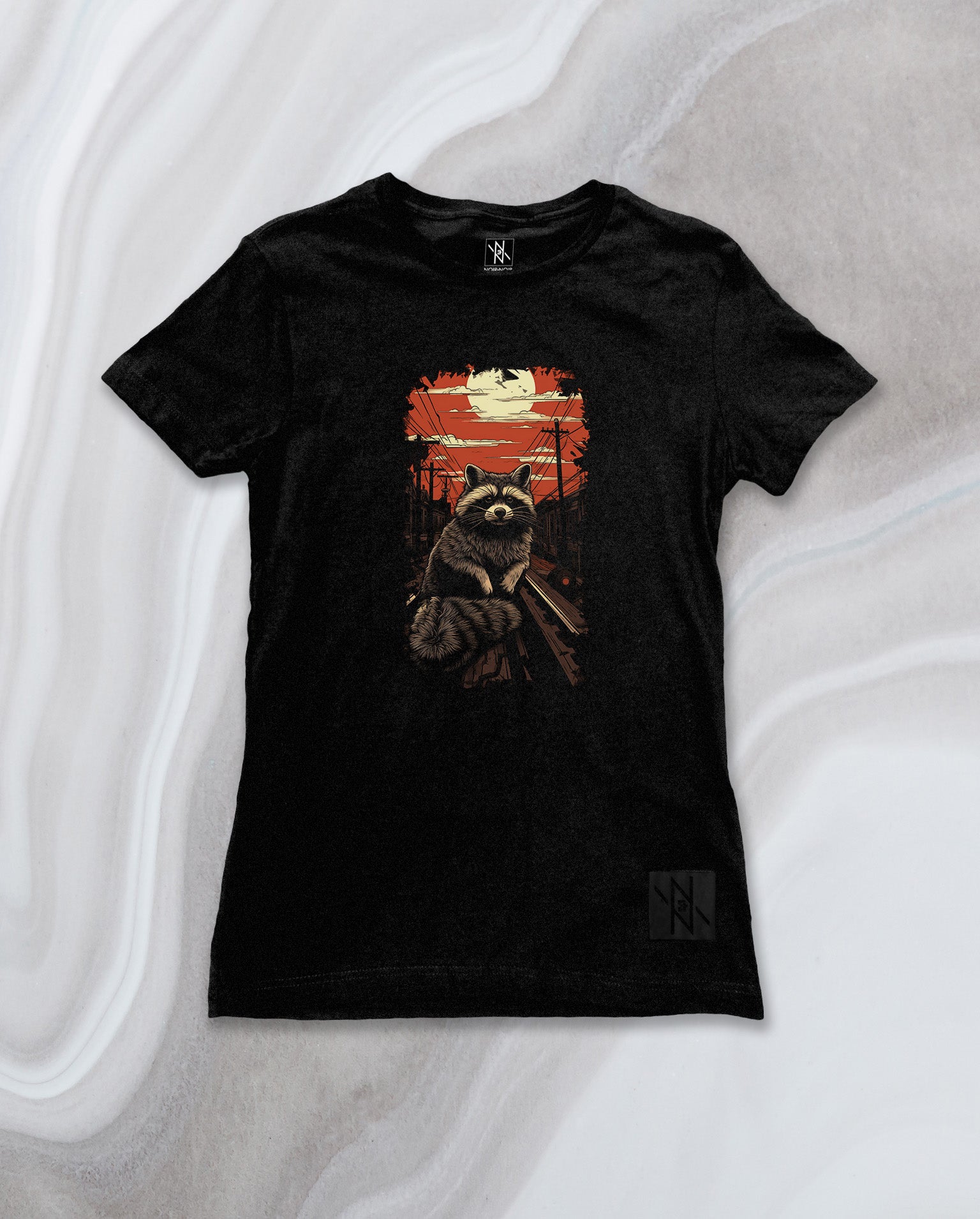 Front view of the Noir et Noir Urban Forager  Women's T-shirt, showcasing its minimalist black design with a sleek, comfortable fit. Ideal for modern urban wear. Available now in the Toronto Collection