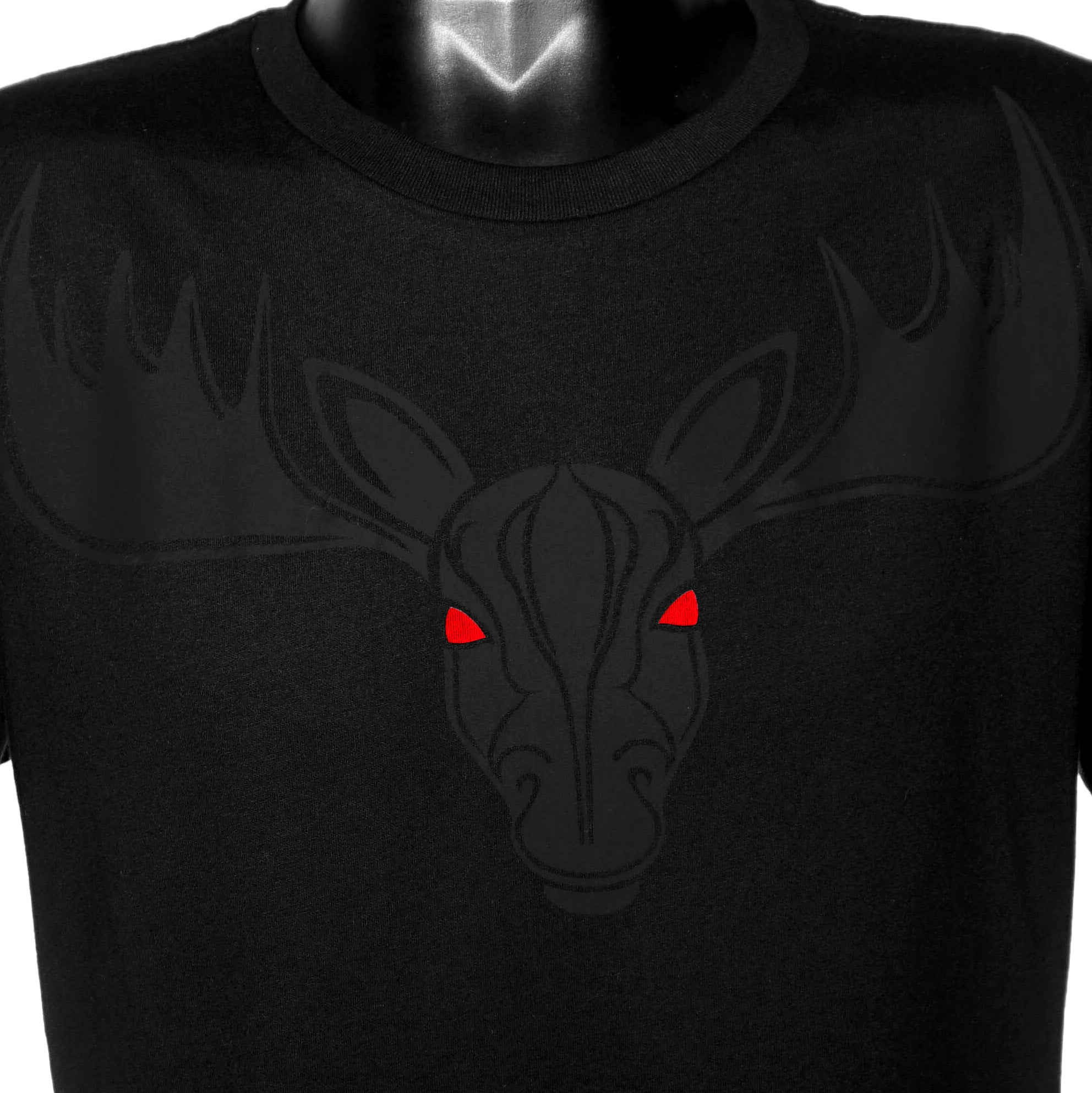 Another close-up of the Noir et Noir Moose unisex T-shirt, focusing on the detailed black-on-black moose design. Showcasing the artistic and high-quality print. Part of the Design Collection.