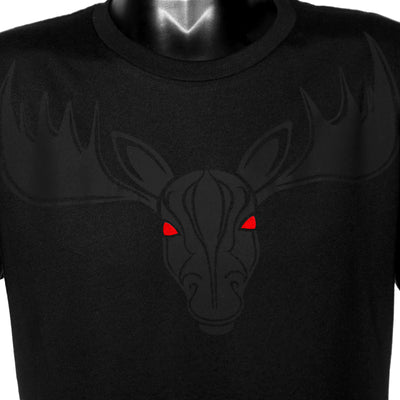 Another close-up of the Noir et Noir Moose unisex T-shirt, focusing on the detailed black-on-black moose design. Showcasing the artistic and high-quality print. Part of the Design Collection.