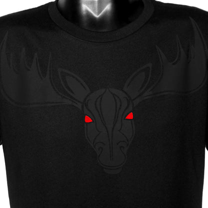 Another close-up of the Noir et Noir Moose unisex T-shirt, focusing on the detailed black-on-black moose design. Showcasing the artistic and high-quality print. Part of the Design Collection.